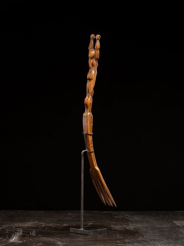 Curious fork, dated 1790, carved with an unusual hermaphrodite figure. - 