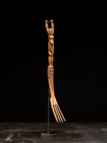 18th century - Curious fork, dated 1790, carved with an unusual hermaphrodite figure.