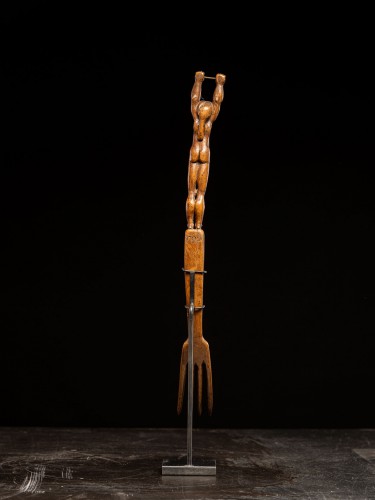 Curious fork, dated 1790, carved with an unusual hermaphrodite figure. - 