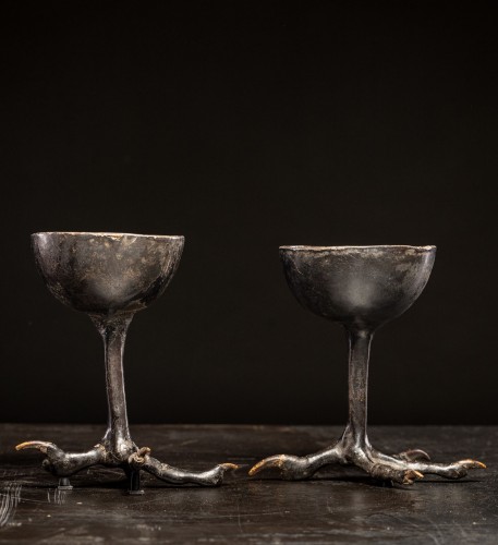 Curiosities  - Pair of curious Turned Wooden Cups Mounted on Preserved Bird Legs.