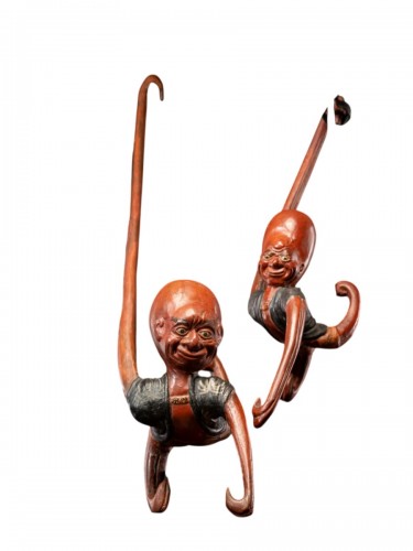 Paire de figures acrobatiques japonaises Tako-nyudo en bois polychrome