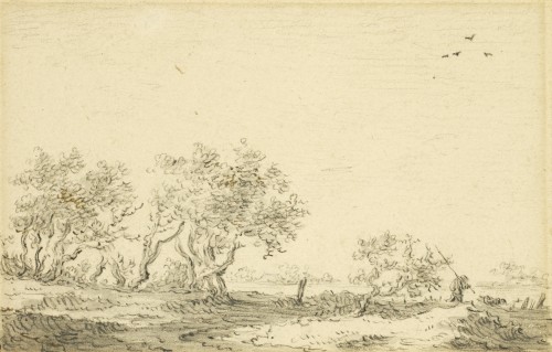 Landscape with Trees and a Fisherman walking, a drawing by Jan van Goyen