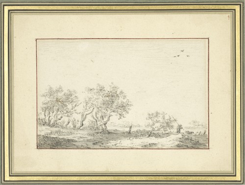 Paintings & Drawings  - Landscape with Trees and a Fisherman walking, a drawing by Jan van Goyen