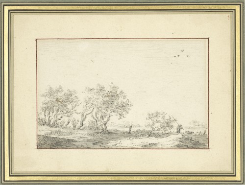 Tableaux et dessins Dessin, Aquarelle & Pastel - Paysage arboré avec un pêcheur, dessin de Jan van Goyen (Leyde 1596 – La Haye 1656)