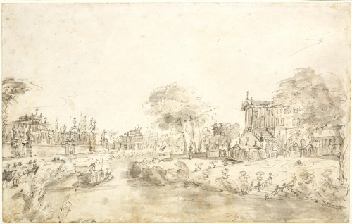 Villas sur la Brenta, un lavis d'encre par Francesco Guardi (Venise 1712 – 1793)
