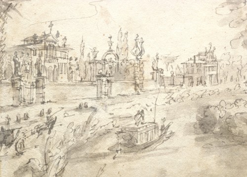 Paintings & Drawings  - Villas on the Brenta, ink wash on paper by Francesco Guardi (Venice 1712 - 