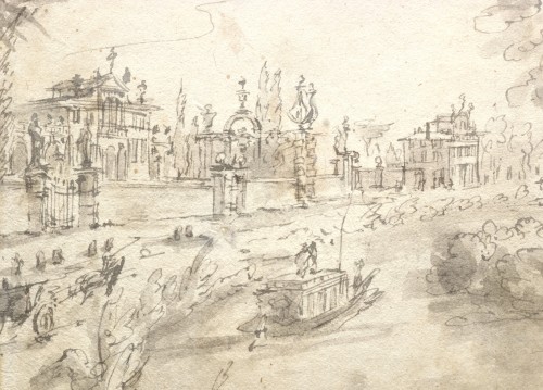 Tableaux et dessins Dessin, Aquarelle & Pastel - Villas sur la Brenta, un lavis d'encre par Francesco Guardi (Venise 1712 – 1793)