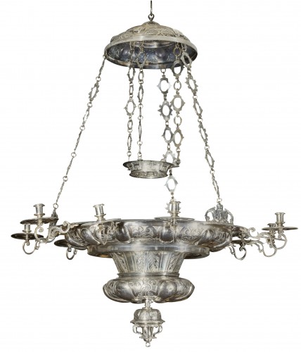 Lustre en argent massif à neuf branches - Espagne XVIIe siècle - Luminaires Style 