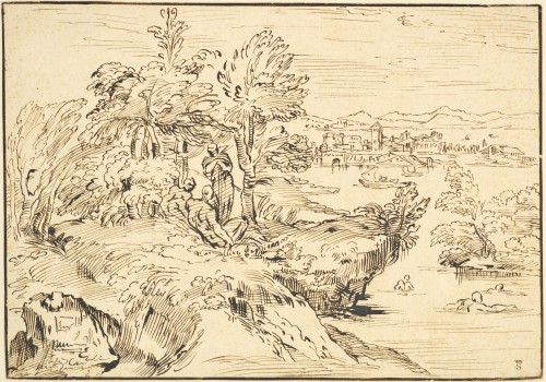 Paysage aux baigneurs (d’après Carrache) par Michel Corneille le Jeune (1642 – 1708)