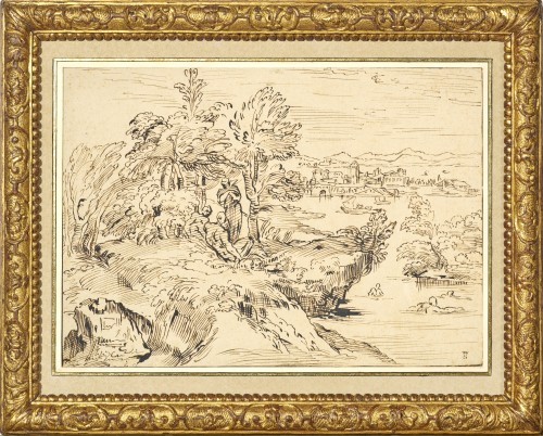 Paysage aux baigneurs (d’après Carrache) par Michel Corneille le Jeune (1642 – 1708) - Tableaux et dessins Style Louis XIV