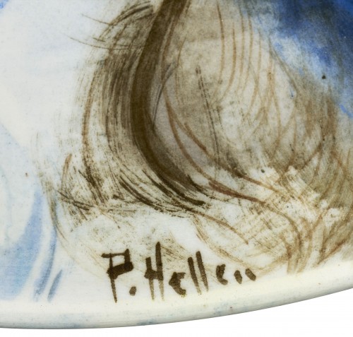 Large circular dish decorated by Paul Helleu with a portrait of his future  - 