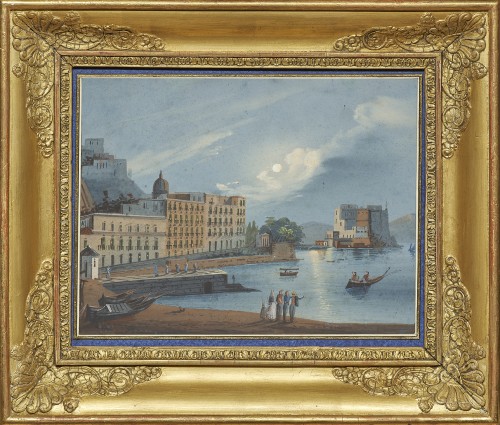 Vue du château de l’Œuf au clair de lune, gouache Napolitaine du XIXe siècle - Tableaux et dessins Style Restauration - Charles X