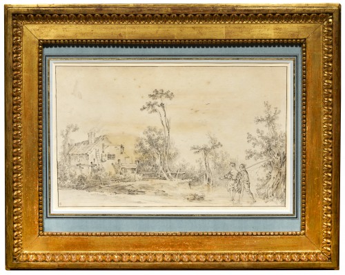 A rural landscape, a drawing partly attributed to Francois Boucher