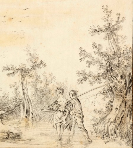 Tableaux et dessins Dessin, Aquarelle & Pastel - Paysage rural aux pêcheurs, un dessin en partie attribué à François Boucher