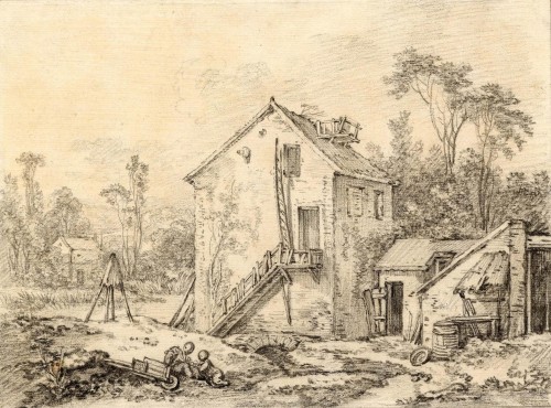 Louis XV - A rural landscape, a drawing partly attributed to Francois Boucher