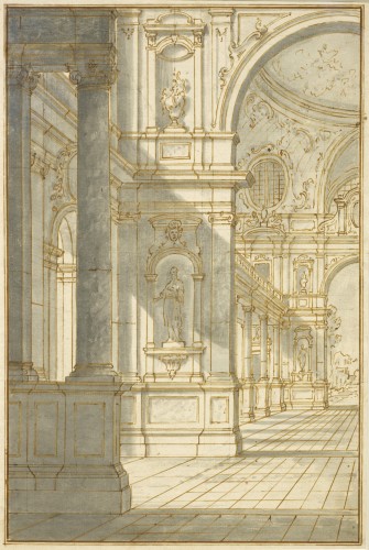 Intérieur baroque, un dessin attribué à Francesco Battaglioli