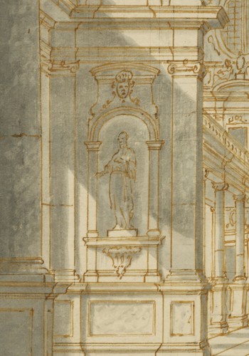 Intérieur baroque, un dessin attribué à Francesco Battaglioli - Paintings & Drawings Style 