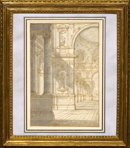 Intérieur baroque, un dessin attribué à Francesco Battaglioli - Stéphane Renard Fine Art