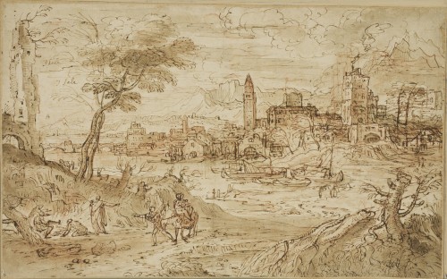A large landscape drawing executed in Italy around 1630 by a Flemish artist