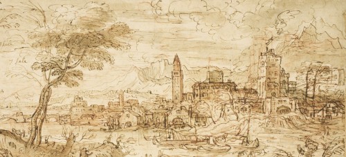 XVIIe siècle - Un grand dessin de paysage éxécuté en Italie vers 1630 par un artiste Flamand