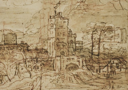  - Un grand dessin de paysage éxécuté en Italie vers 1630 par un artiste Flamand