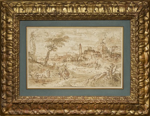 Antiquités - Un grand dessin de paysage éxécuté en Italie vers 1630 par un artiste Flamand