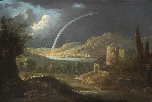 River Landscape with Shepherds and Ruined Architecture by Jan van Bunnik 