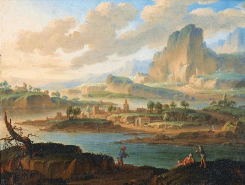 River Landscape with Shepherds and Ruined Architecture by Jan van Bunnik  - 