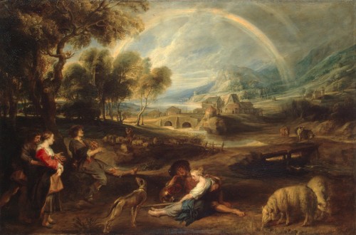 River Landscape with Shepherds and Ruined Architecture by Jan van Bunnik  - 