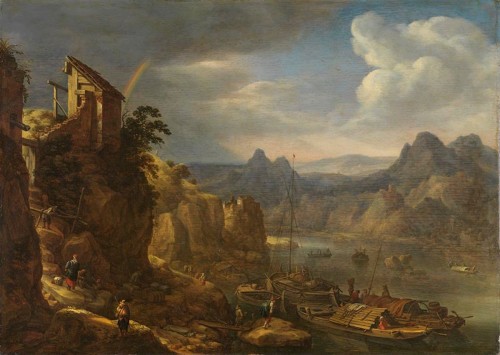  - Paysage à la rivière avec bouviers, ruines et villages par Jan van Bunnik (1654-1727)
