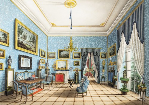 XIXe siècle - Vue de l'Orangerie du parc ducal de Sagan par E. Hackert vers 1850