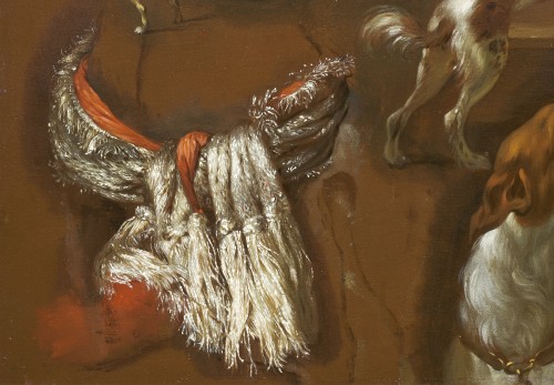 Tableaux et dessins Tableaux XVIIe siècle - Etude de dix chiens et d'une étole, un panneau attribué à Jan Weenix