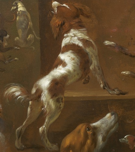 XVIIe siècle - Etude de dix chiens et d'une étole, un panneau attribué à Jan Weenix