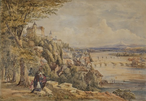 Une Vue du château et de la ville de Pau par le paysagiste anglais William Oliver - Tableaux et dessins Style 