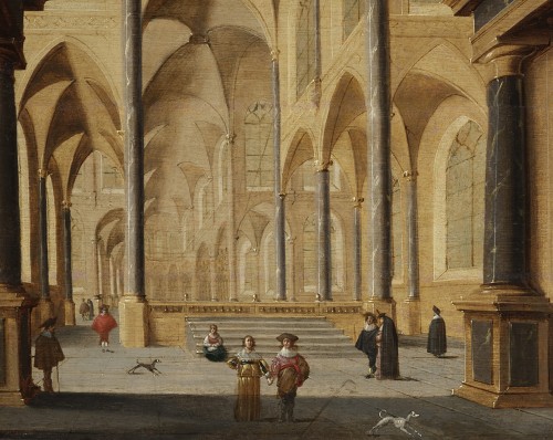 Church interior, oil on parquet panel by Jans Juriaensz van Baden (1604-1677)