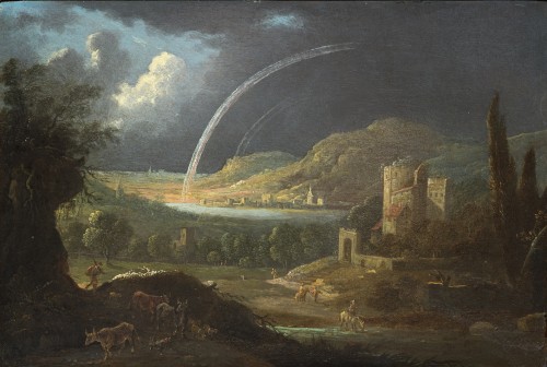 River Landscape with Sheperds and Ruined Architecture by Jan van Bunnick