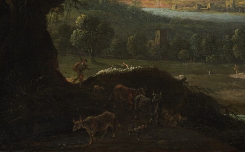 River Landscape with Sheperds and Ruined Architecture by Jan van Bunnick - 