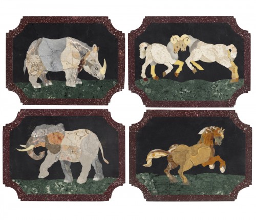 A set of four hard stone marquetry plaques depicting animals, Italy 18th c.