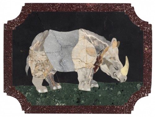 Antiquités - Ensemble de quatre plaques en marqueterie de pierre dure représentant des animaux