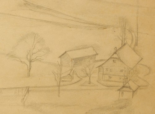 Paintings & Drawings  - Study for « Paysage de Fribourg »  - 1943, a landscape drawing  by Balthus 