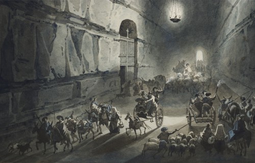 Tableaux et dessins Dessin, Aquarelle & Pastel - La grotte du Pausilippe de nuit à Naples par Louis-Jean Desprez (1743 – 1804)