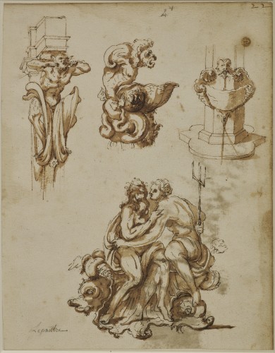 Feuille d'études architecturales attribuée à Baccio del Bianco (1604 - 1657) - Tableaux et dessins Style 