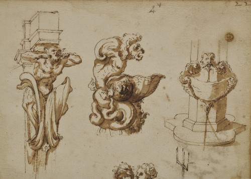 Tableaux et dessins Dessin, Aquarelle & Pastel - Feuille d'études architecturales attribuée à Baccio del Bianco (1604 - 1657)