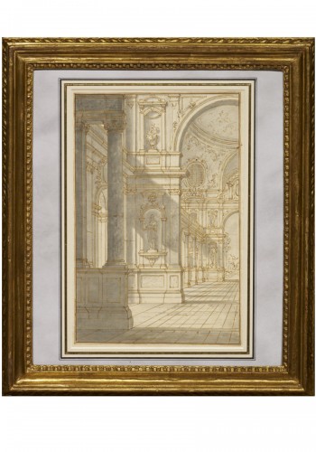 Intérieur baroque, un dessin attribué à Francesco Battaglioli (1725 - 1796)
