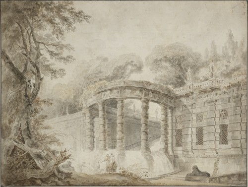 Pavilion with waterfall, an ink wash attributed to Hubert Robert 