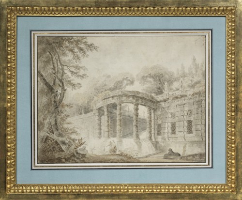 Pavillon avec une cascade, lavis d'encre attribué à Hubert Robert (1733 - 1808) - Tableaux et dessins Style Louis XV