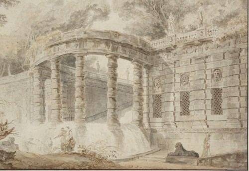 Tableaux et dessins Dessin, Aquarelle & Pastel - Pavillon avec une cascade, lavis d'encre attribué à Hubert Robert (1733 - 1808)