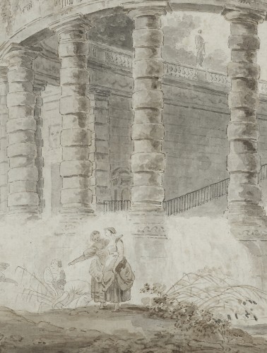 Pavilion with waterfall, an ink wash attributed to Hubert Robert  - 
