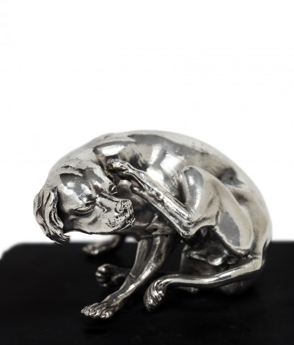  - Dog scratching its ear, a 17th century silver-plated pewter sculpture 