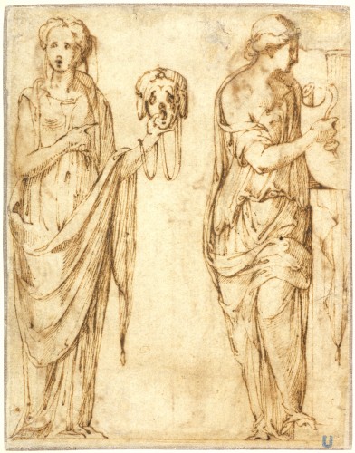 Tableaux et dessins Dessin, Aquarelle & Pastel - Apollon et Calliope (Melpomène et Polymnie au verso), attribué à Girolamo da Carpi